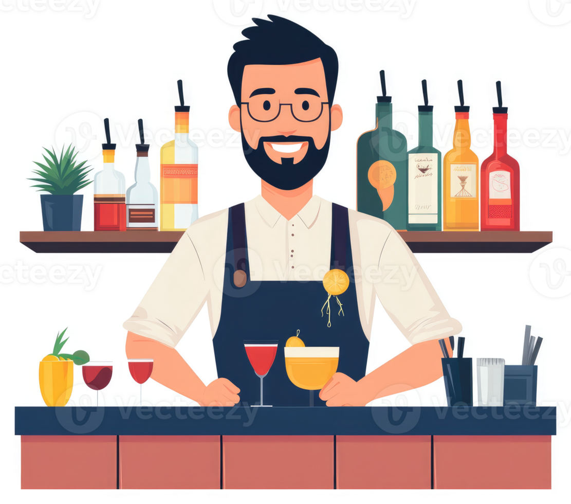 A friendly bartender mixes drinks behind a bar. png