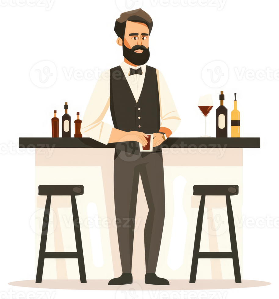 A bearded bartender stands behind a bar, ready to serve. png