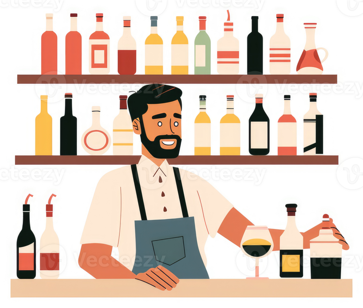 A friendly bartender mixes drinks behind a well-stocked bar. png