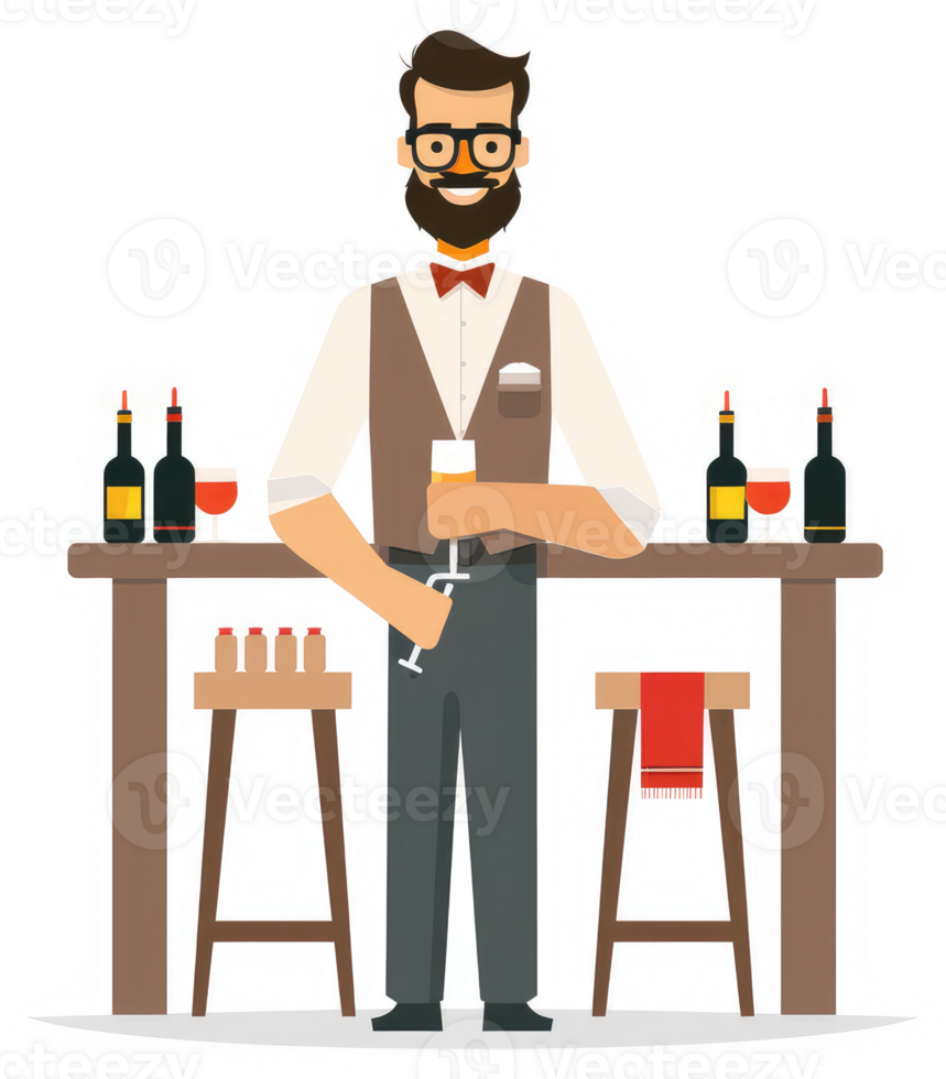 A bearded bartender at a bar, preparing drinks. png