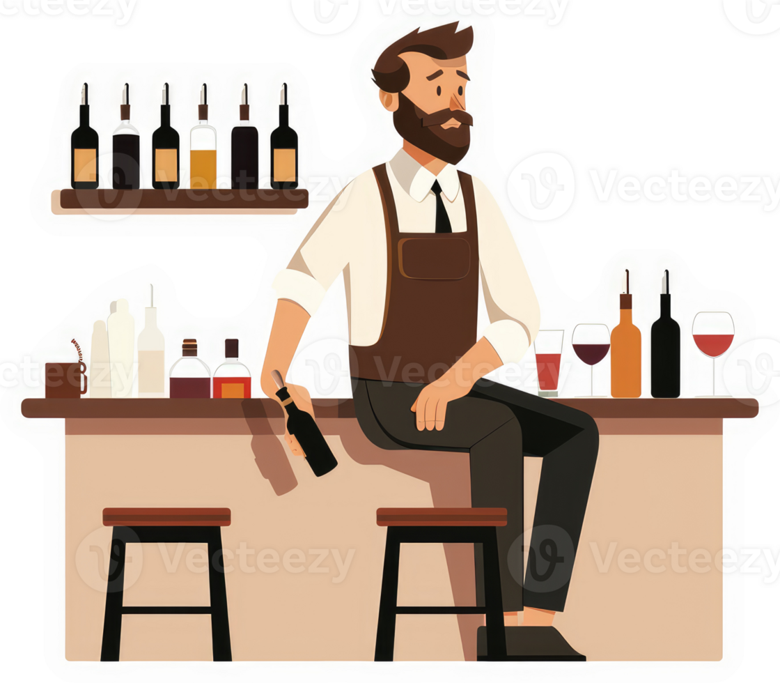 A bartender at a bar with various liquors and wines. png