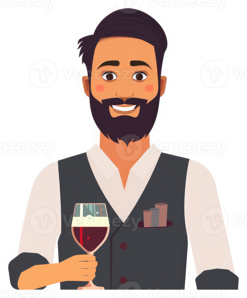 A smiling man in a waistcoat holds a glass of dark red wine. png