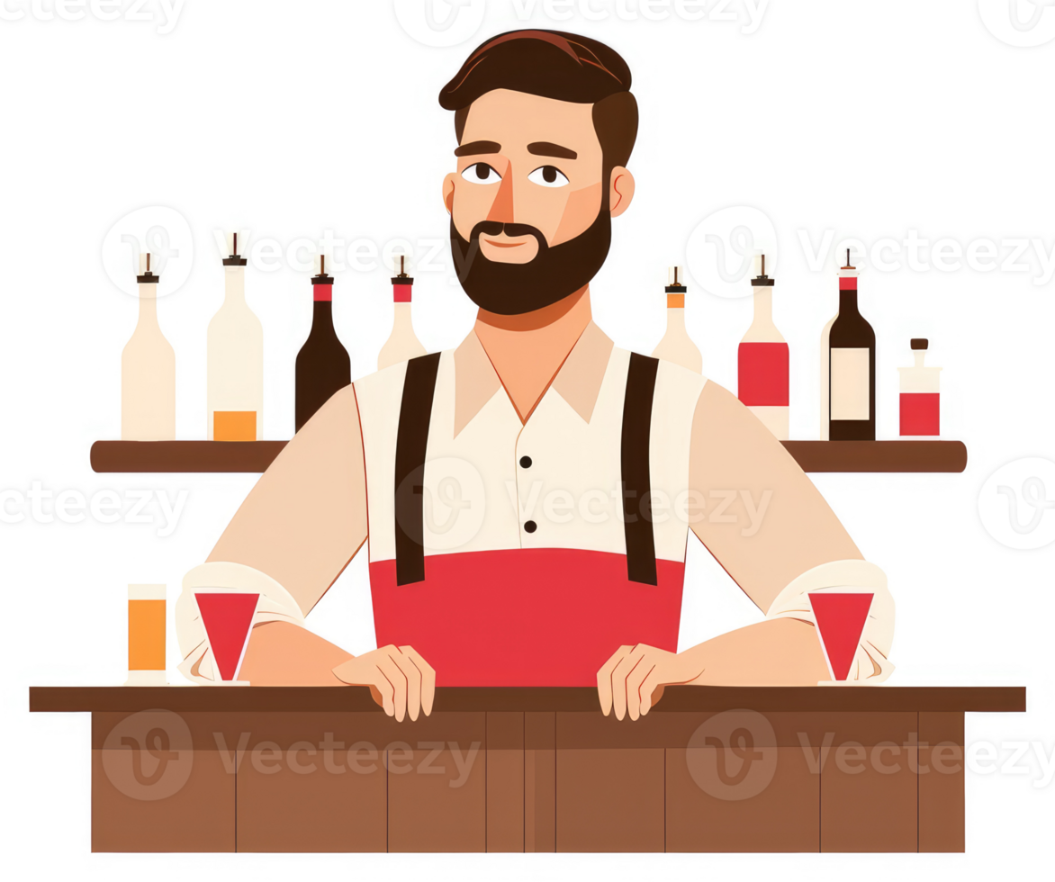 A friendly bartender behind a bar counter, ready to serve drinks. png