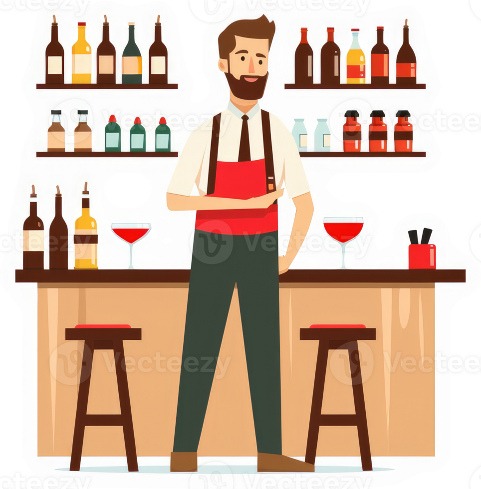 A friendly bartender stands behind a well-stocked bar. png