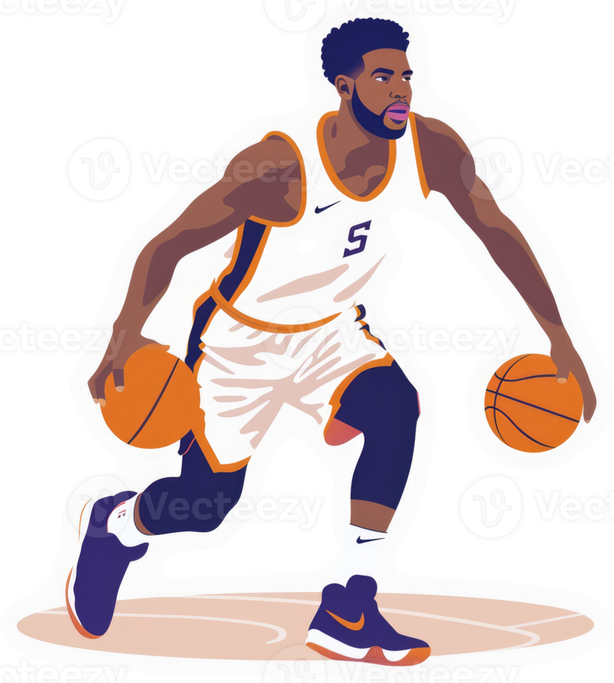 A dynamic illustration of a basketball player in action. png