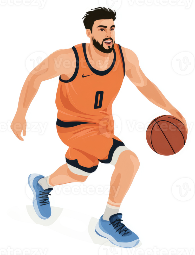 A basketball player in an orange uniform dribbling the ball. png