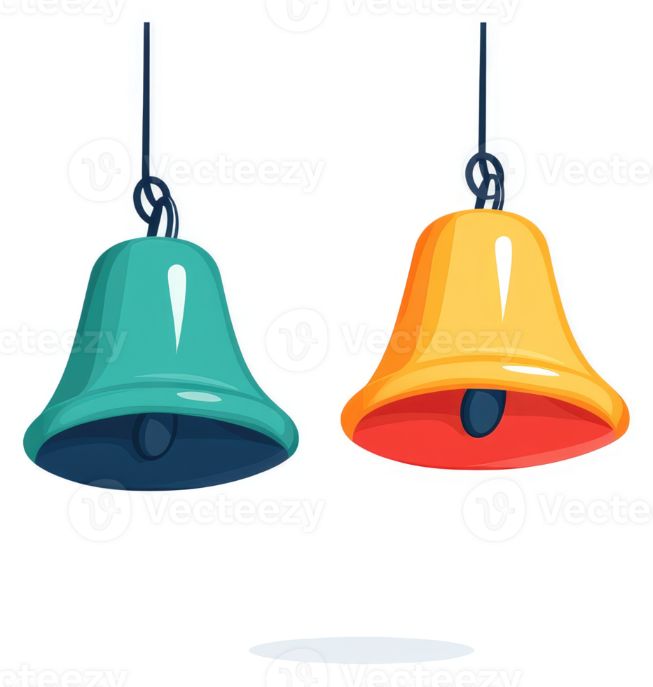 Two colorful hanging bells, one teal and one orange. png