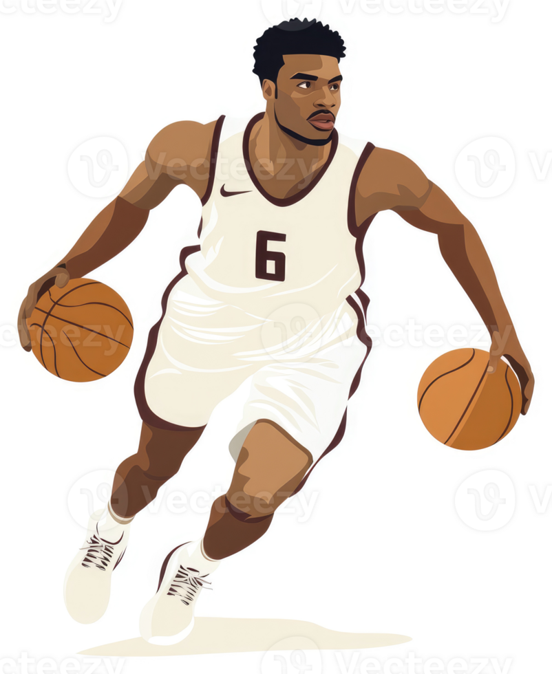 A basketball player in dynamic action, dribbling the ball. png