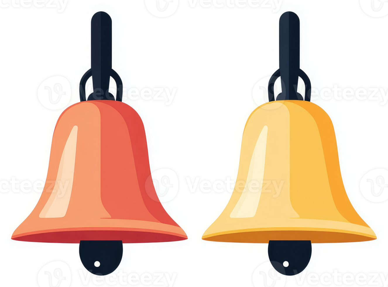 Two colorful bells hanging, one orange and one gold. png