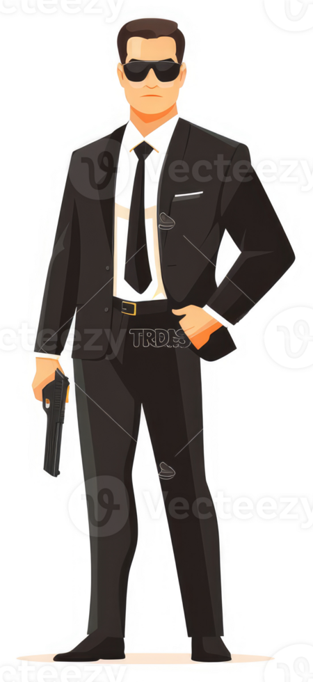 A man in a black suit holding a handgun, a depiction of a security guard. png