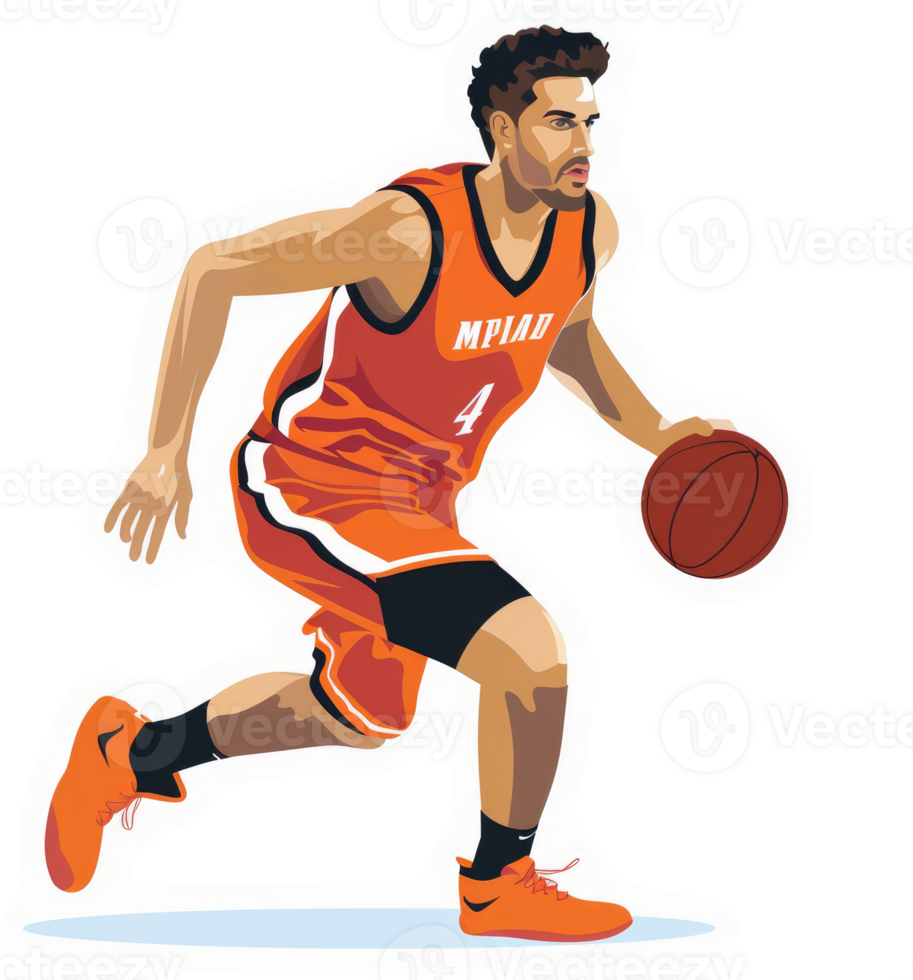 A basketball player in action, dribbling the ball in an orange uniform. png