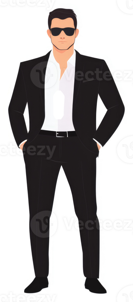 A stylish man in a formal black suit and sunglasses. png