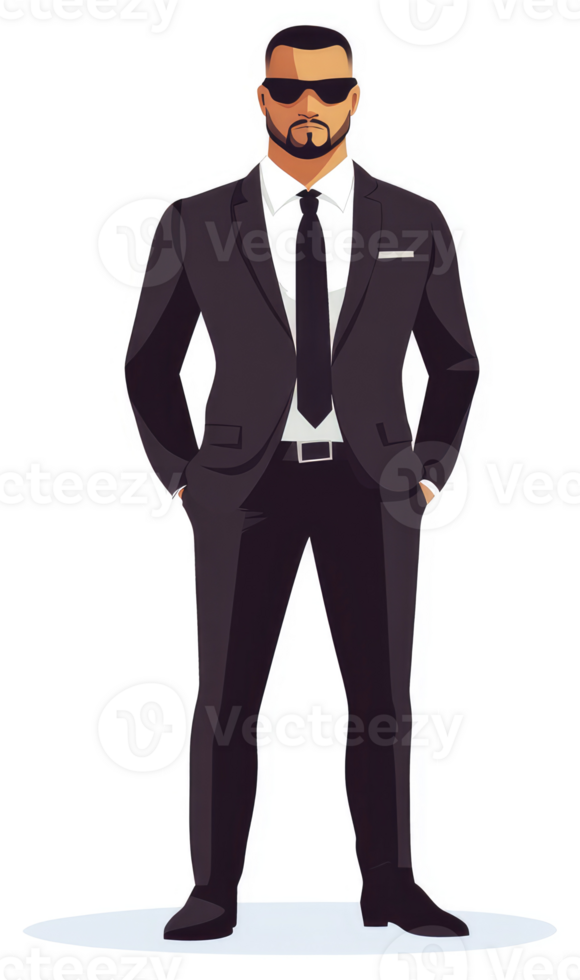 A confident man in a dark suit and sunglasses. png
