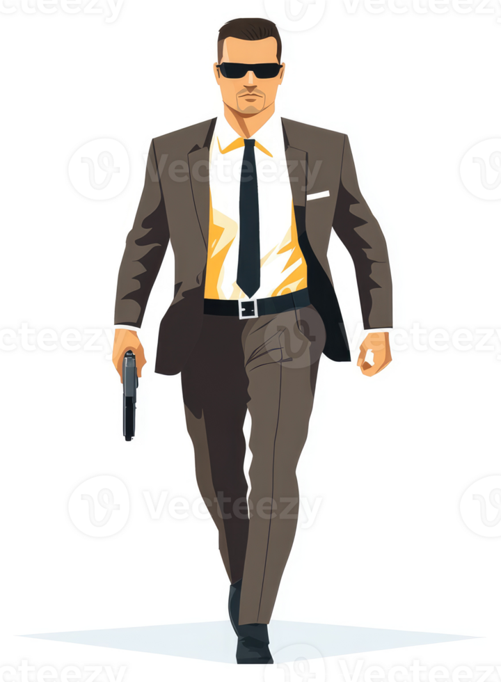 A stylish man in a suit, walking confidently and holding a gun. png