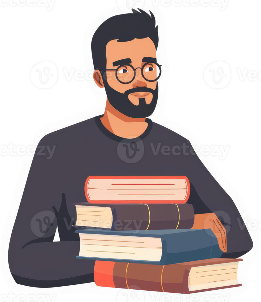 A man with glasses and a beard holding a stack of books. png