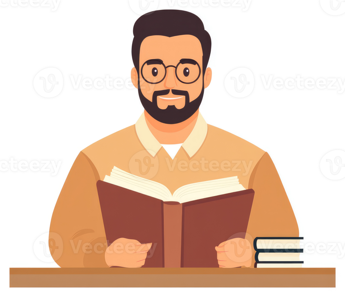 A man with a beard and glasses sits at a table, engrossed in reading an open book. png
