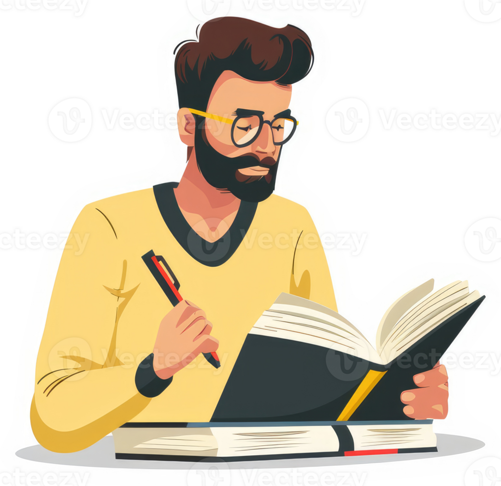 A man with a beard and glasses diligently reads and takes notes from an open book. png