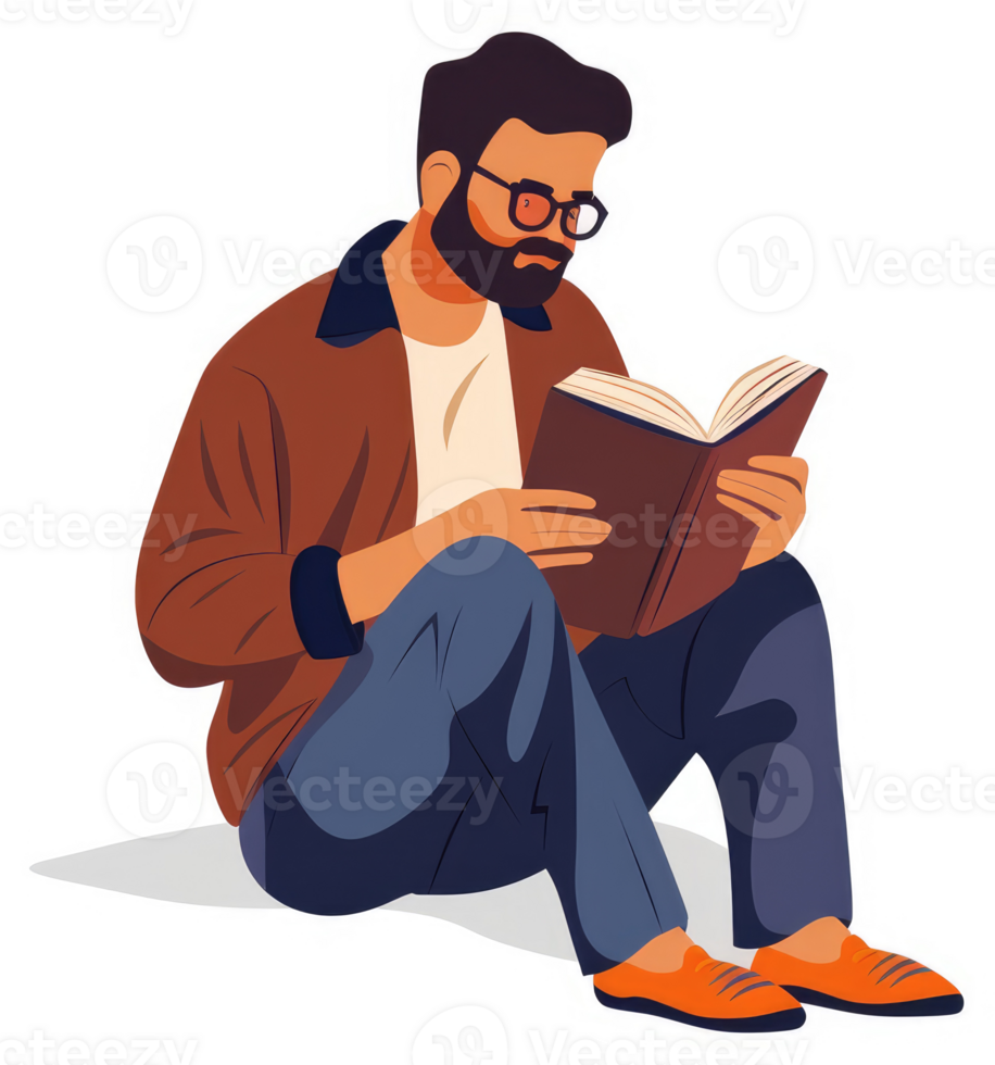 A man engrossed in reading a book, seated on the ground. png