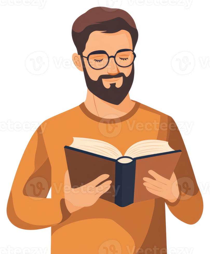 A man with a beard and glasses engrossed in reading a book. png