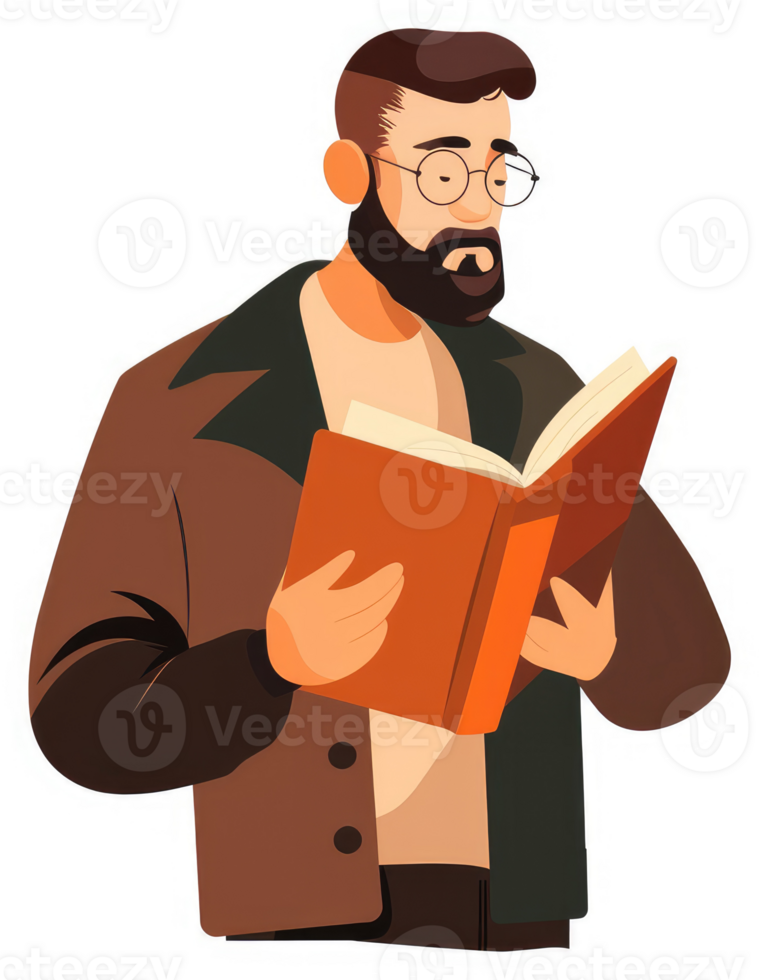 A man engrossed in reading an orange book. png