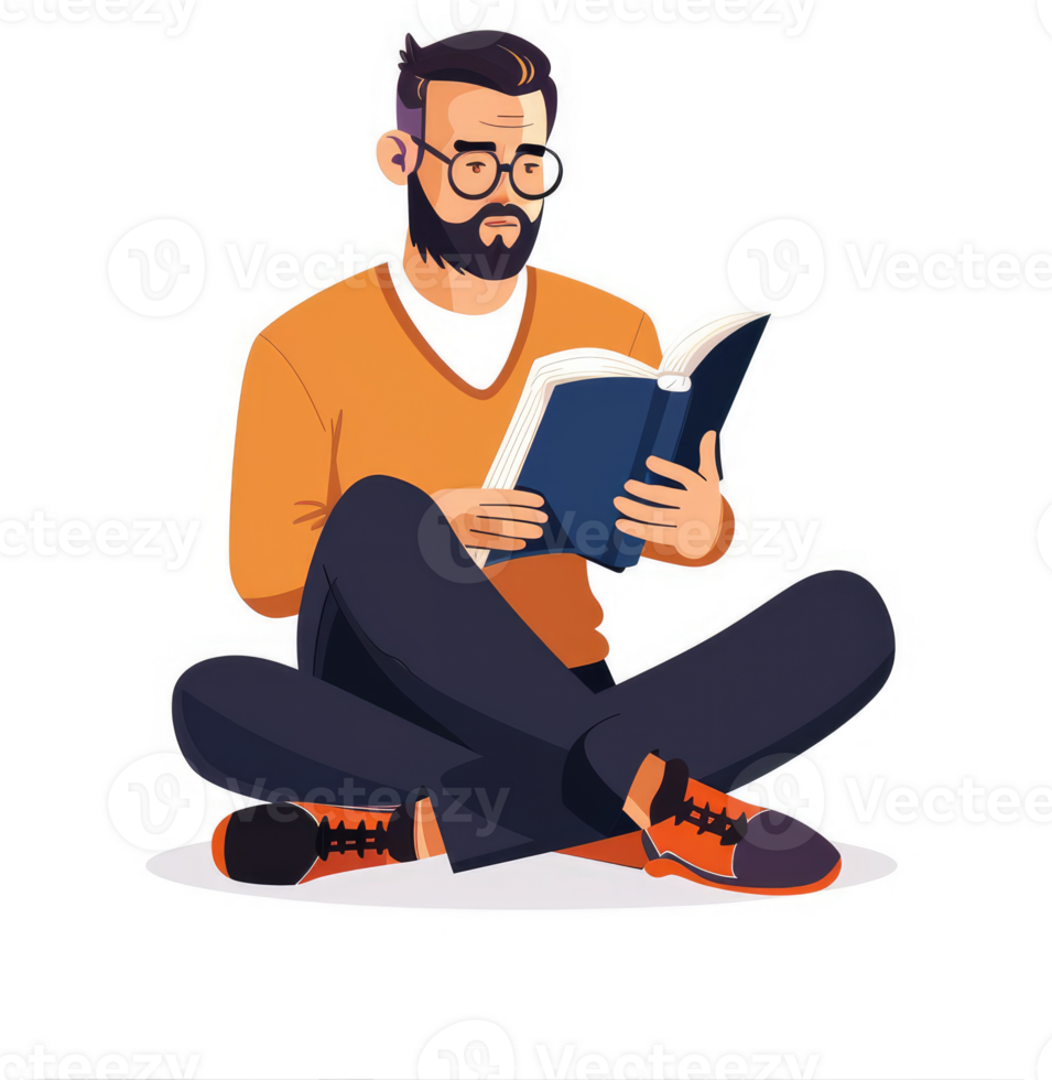 A man engrossed in reading a book, sitting on the floor. png