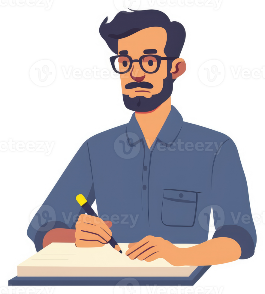 A man with glasses and a beard writing in a notebook. png