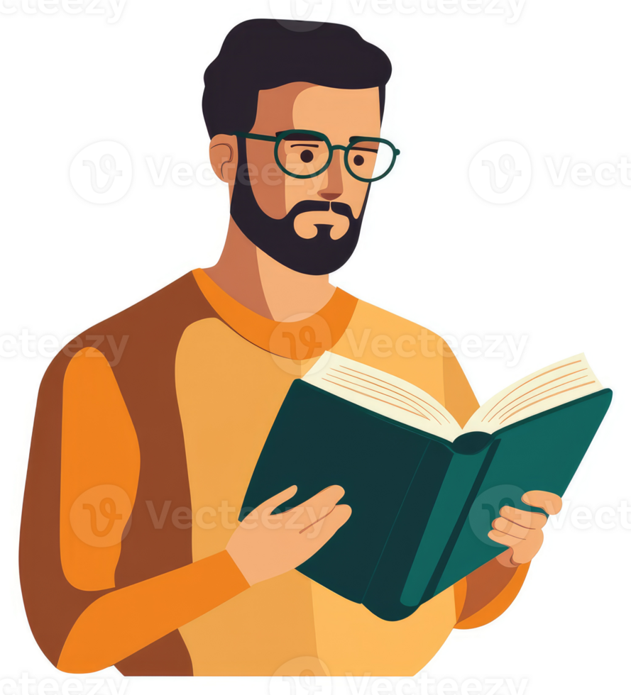 A man in a mustard yellow sweater engrossed in reading an open book. png