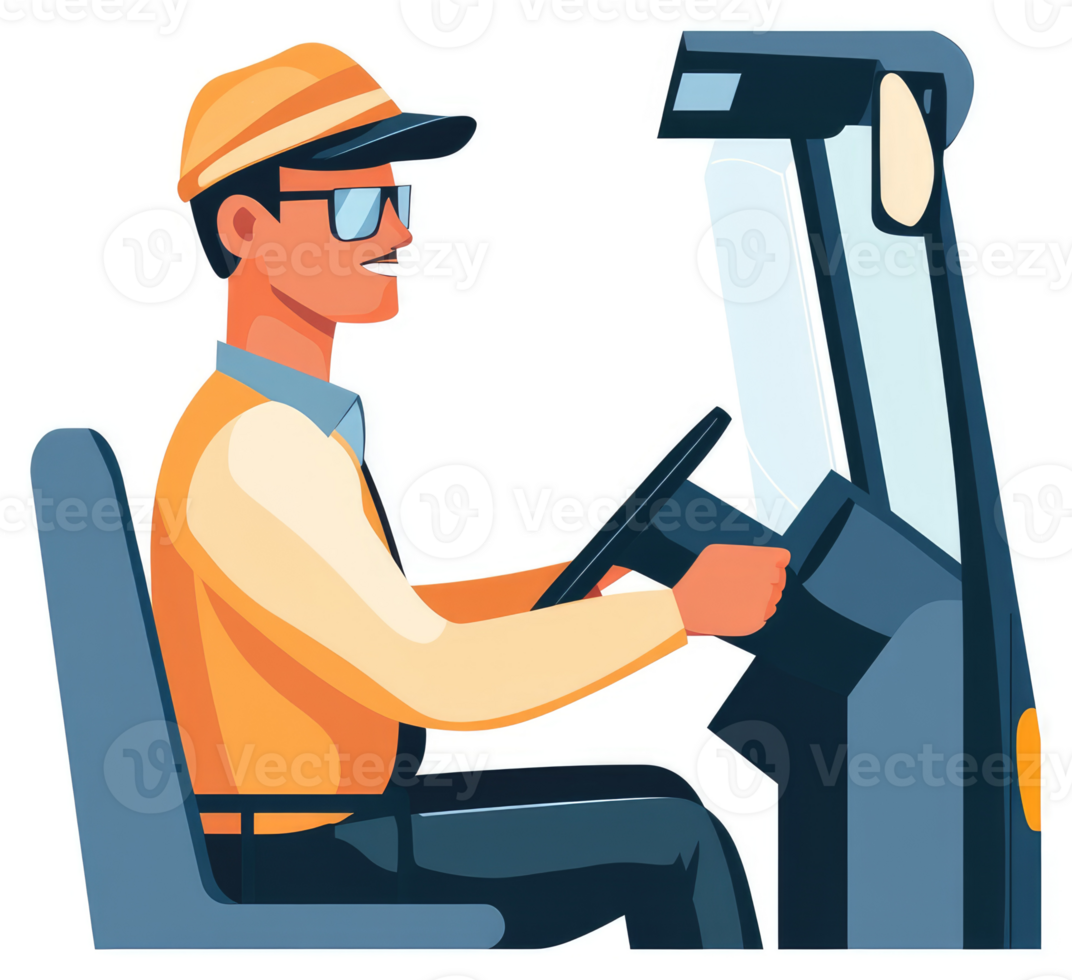 A smiling driver sits at the wheel of a vehicle. png
