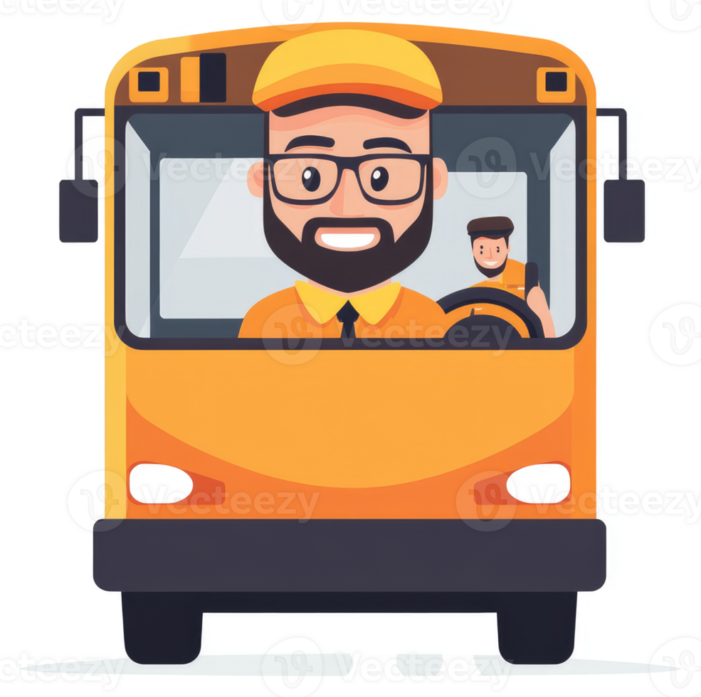 A happy bus driver smiles behind the wheel of a bright orange school bus. png