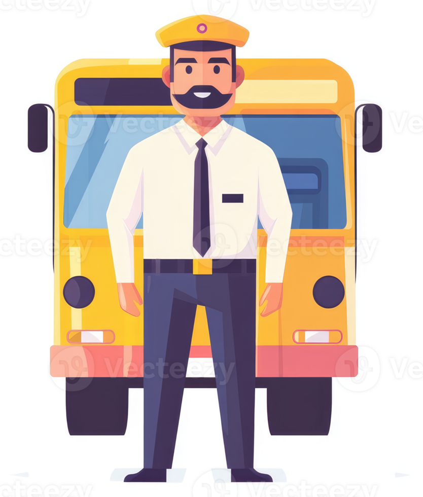 A bus driver stands confidently in front of a yellow school bus. png