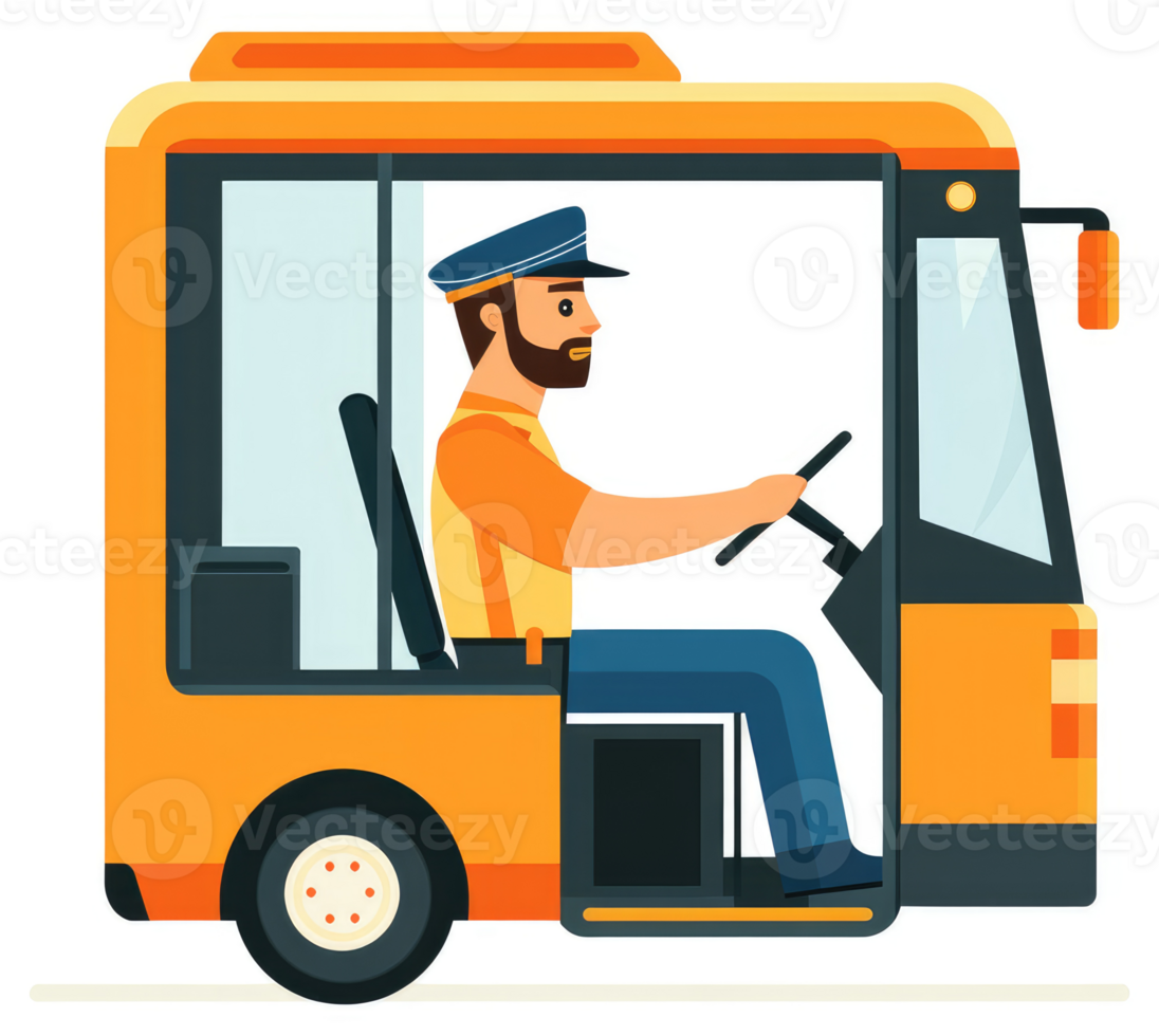 A bearded bus driver steers an orange public transport vehicle. png