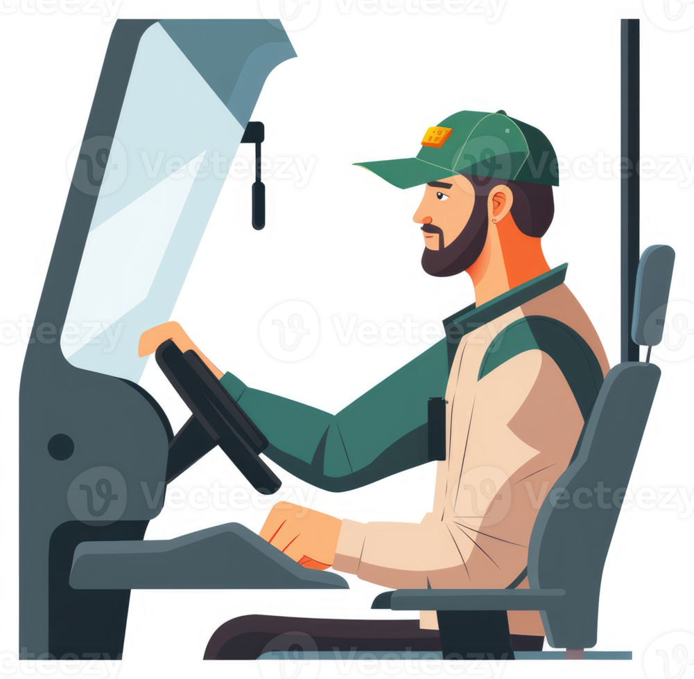 A male driver sits in the cab of a vehicle, concentrating on the controls. png