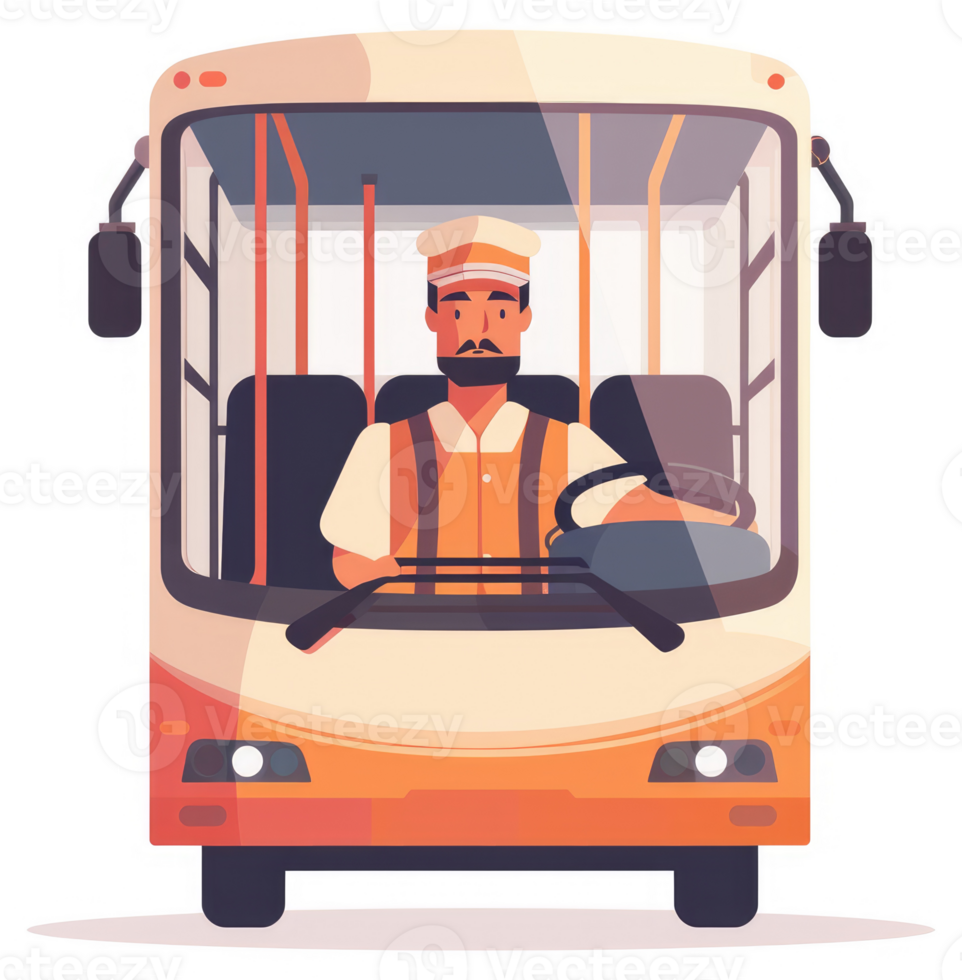 A male bus driver sits at the wheel of a public transportation vehicle. png