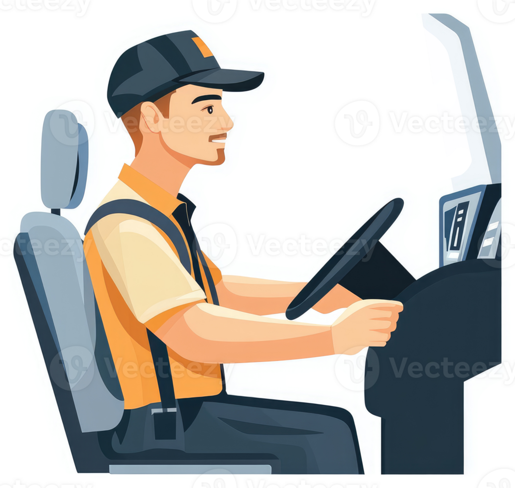 A smiling male driver sits in a vehicle's cab. png