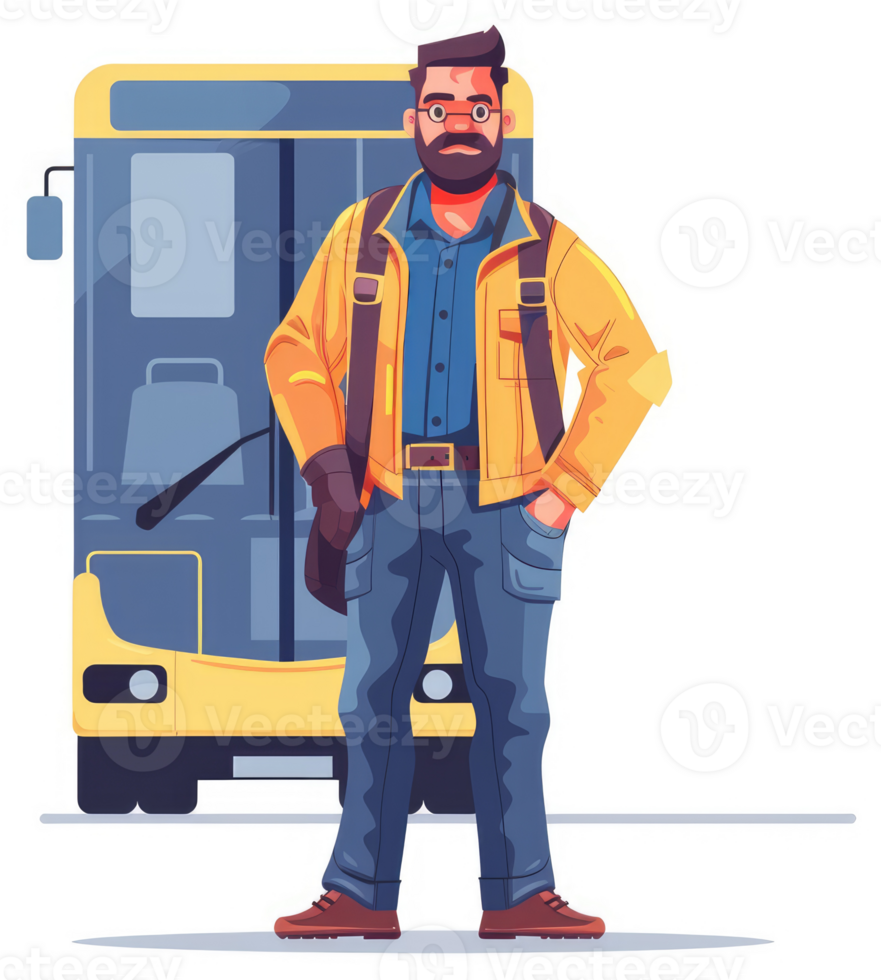 A bearded man in a yellow jacket stands by a city bus. png