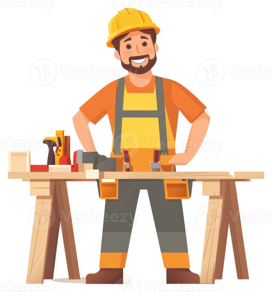 A carpenter stands at his workbench, ready to work on wood projects. png