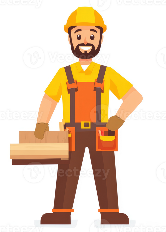 A smiling construction worker carrying wood. png