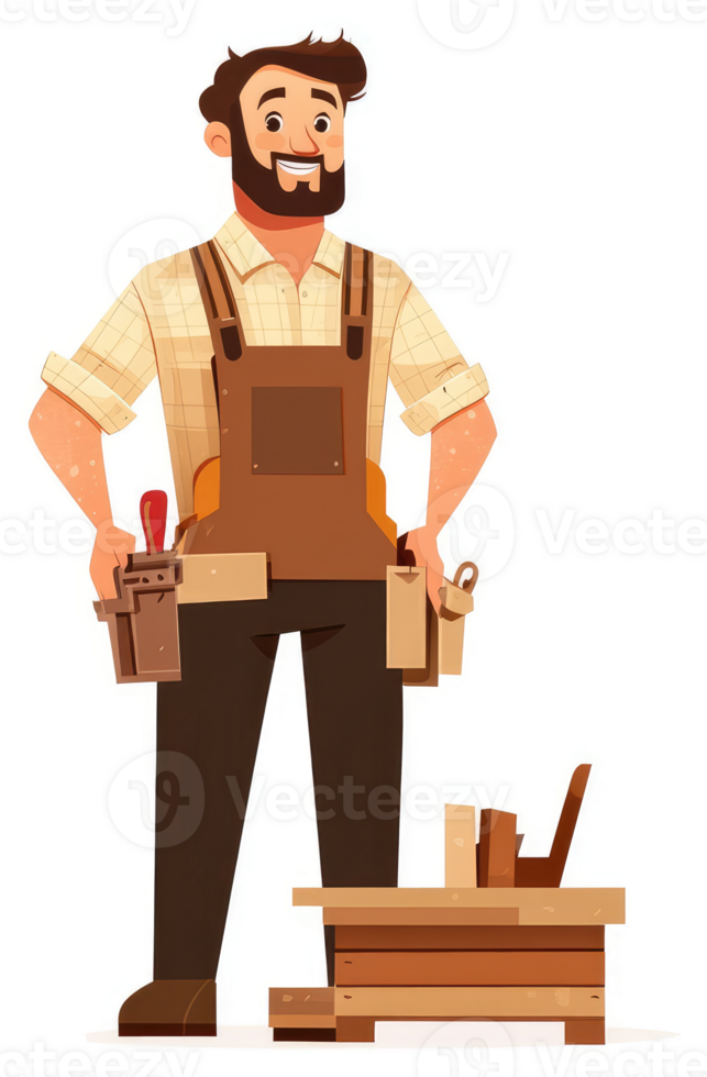 A smiling carpenter stands by a workbench full of tools. png