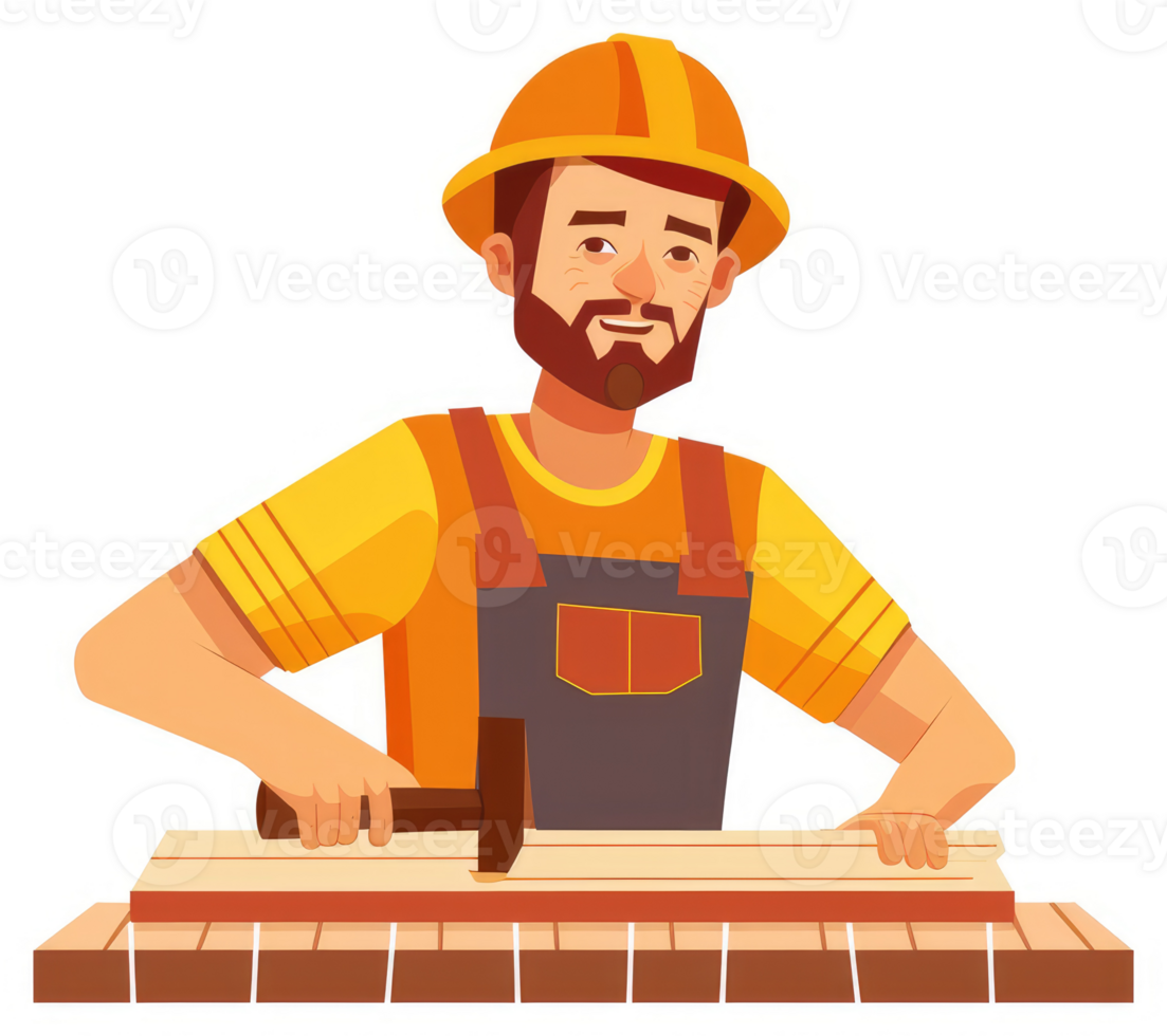 A smiling carpenter in work clothes using a hammer on a wooden plank. png