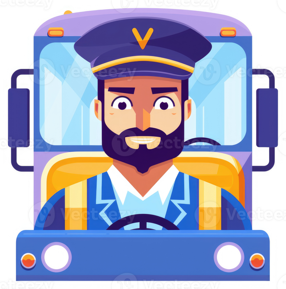 A friendly bus driver smiles behind the wheel of a public transit vehicle. png