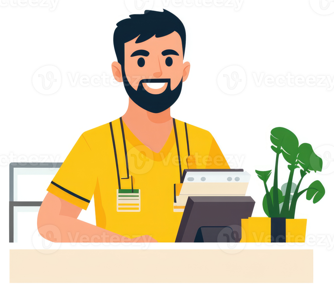 A smiling cashier in a yellow uniform at a store counter. png