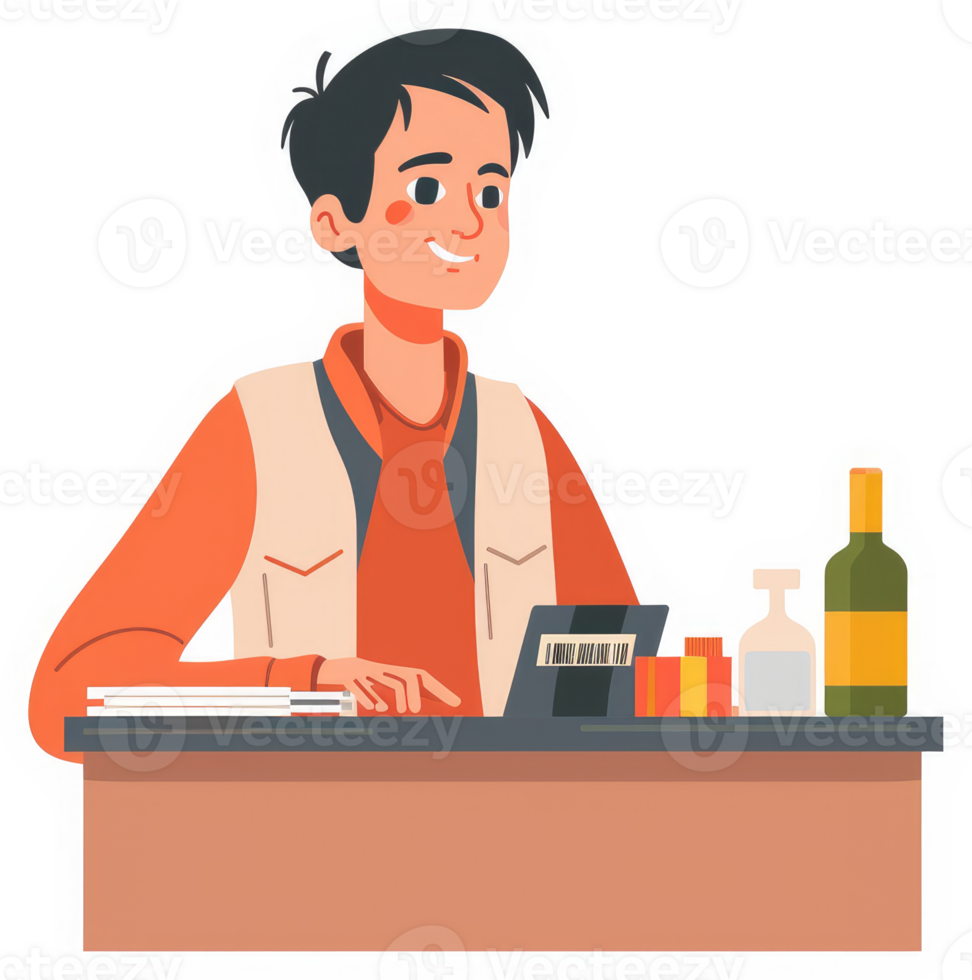 A young person working at a retail checkout counter. png