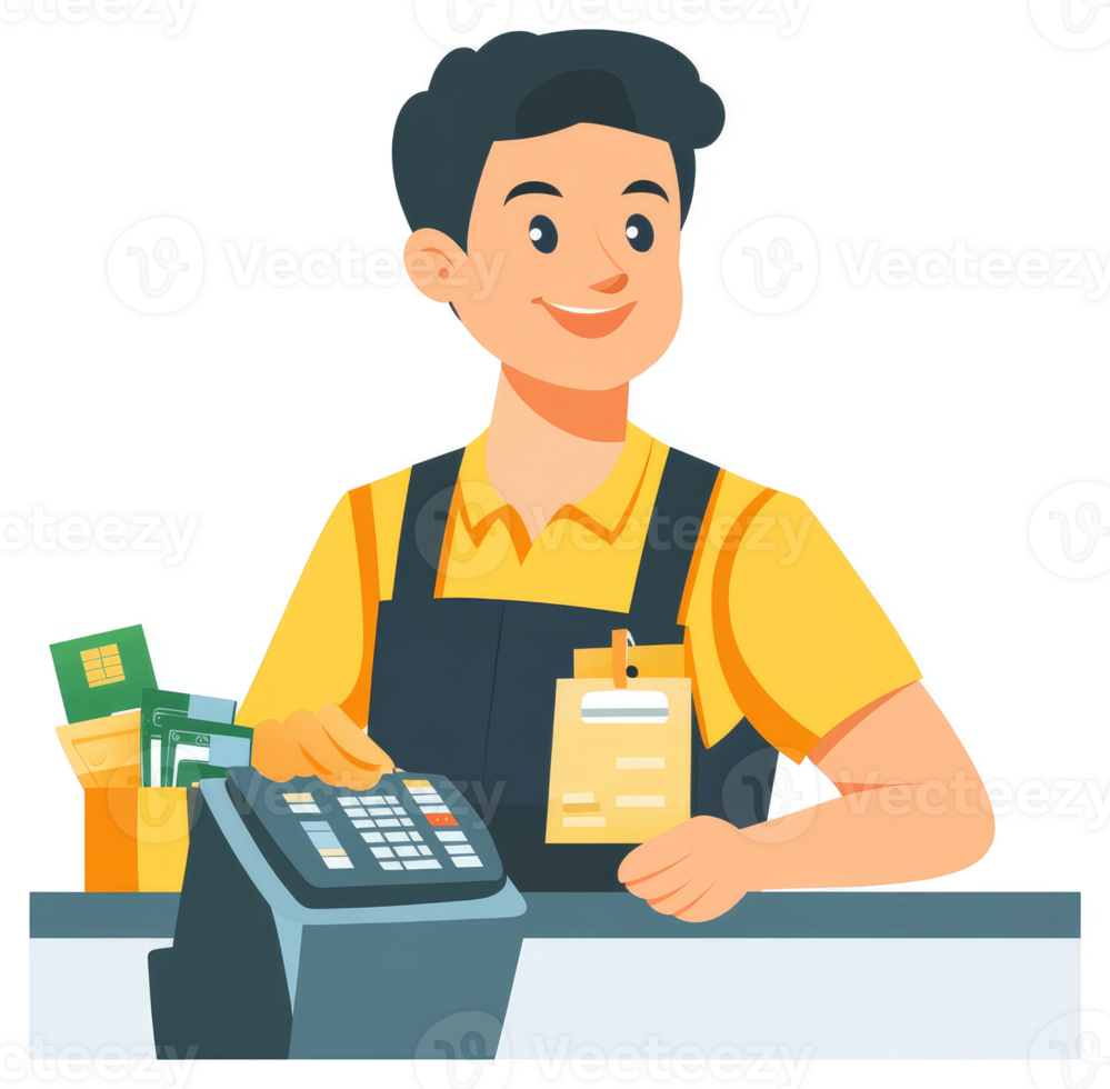 A friendly cashier processing a transaction at a store. png