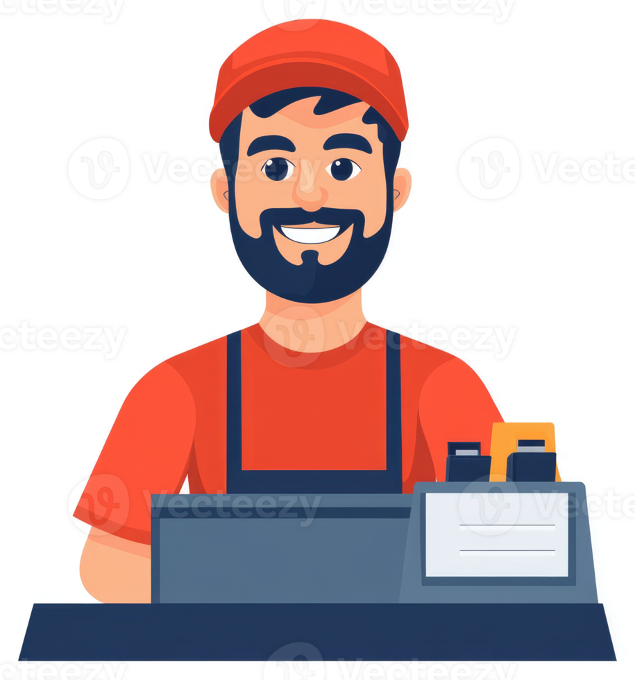 A friendly cashier at a store counter, ready to serve customers. png