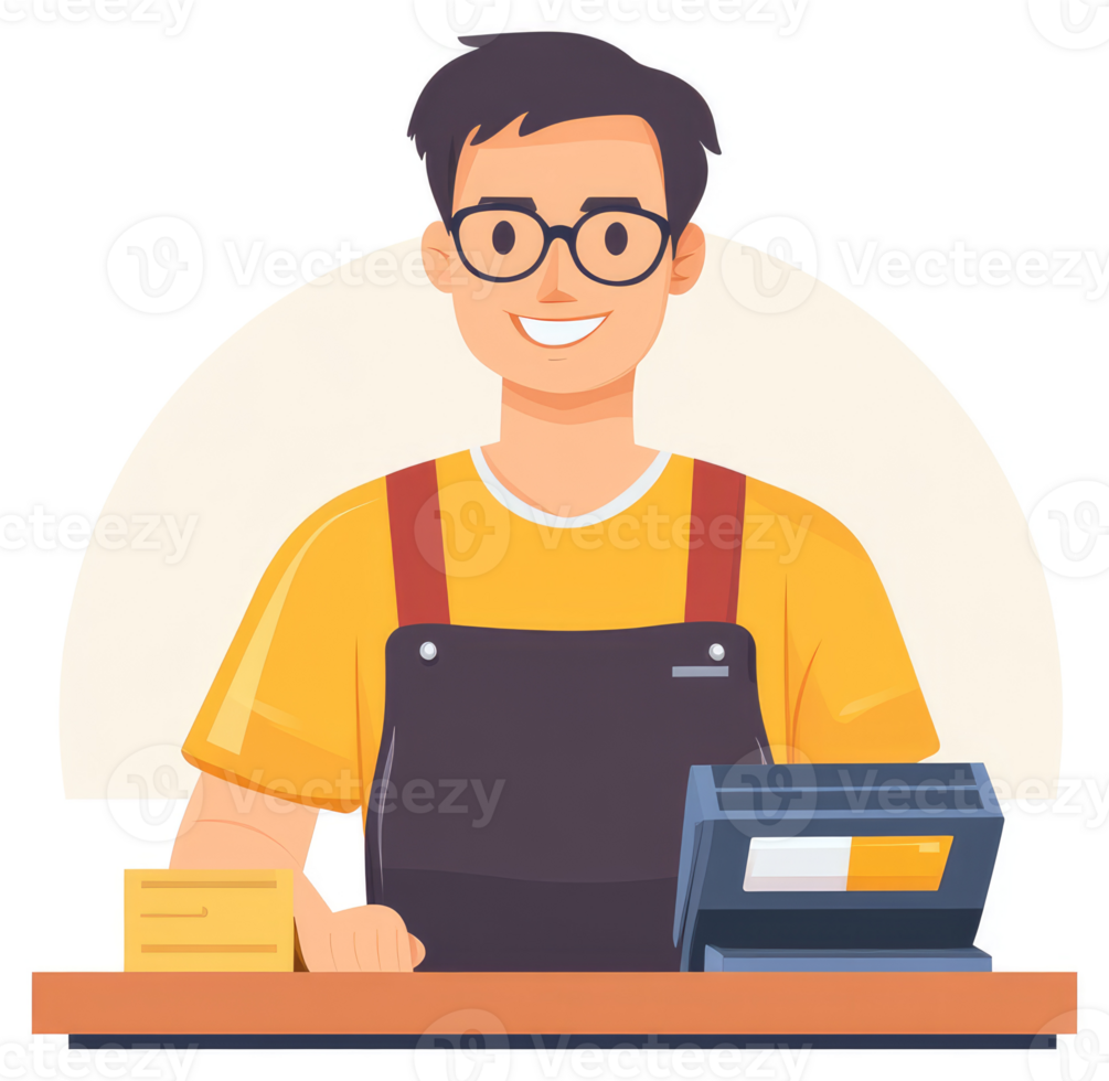 A friendly cashier at a store counter, smiling and ready to assist. png