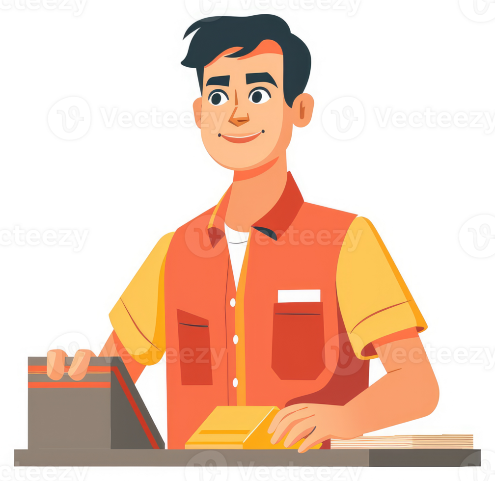 A friendly cashier at a store counter, ready to assist customers. png