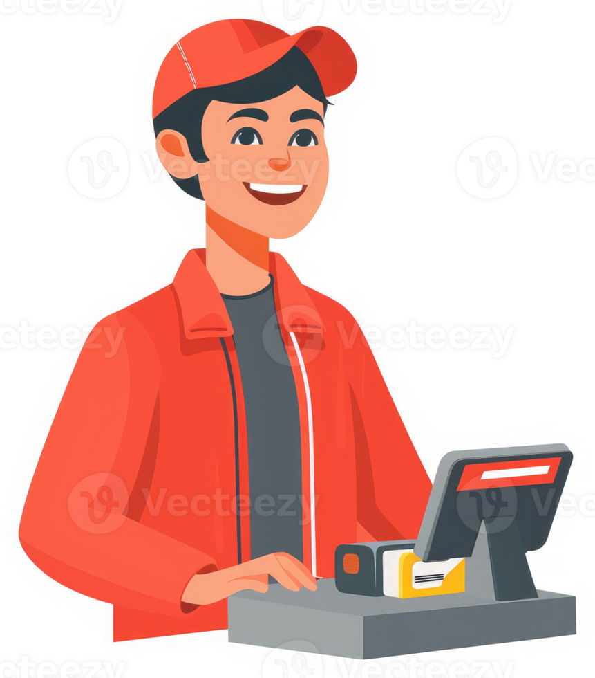 A friendly employee working at a point-of-sale terminal. png
