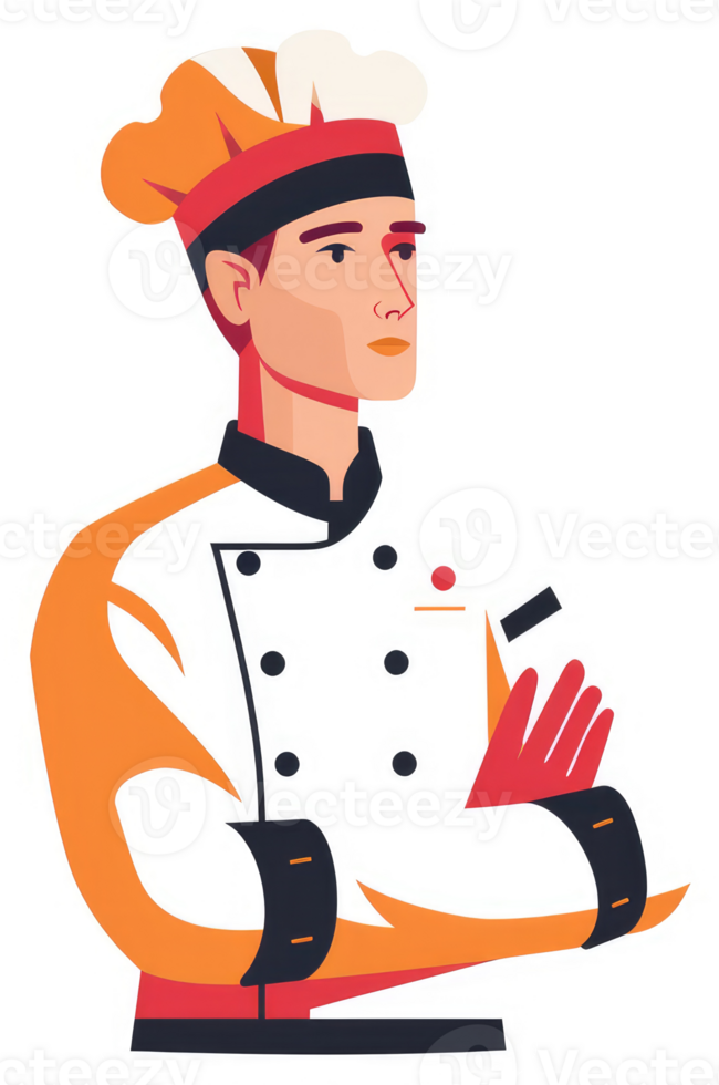 A confident chef in a traditional uniform, poised and ready to cook. png