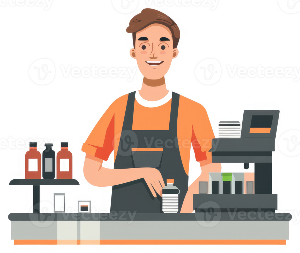 A friendly cashier working at a retail establishment. png