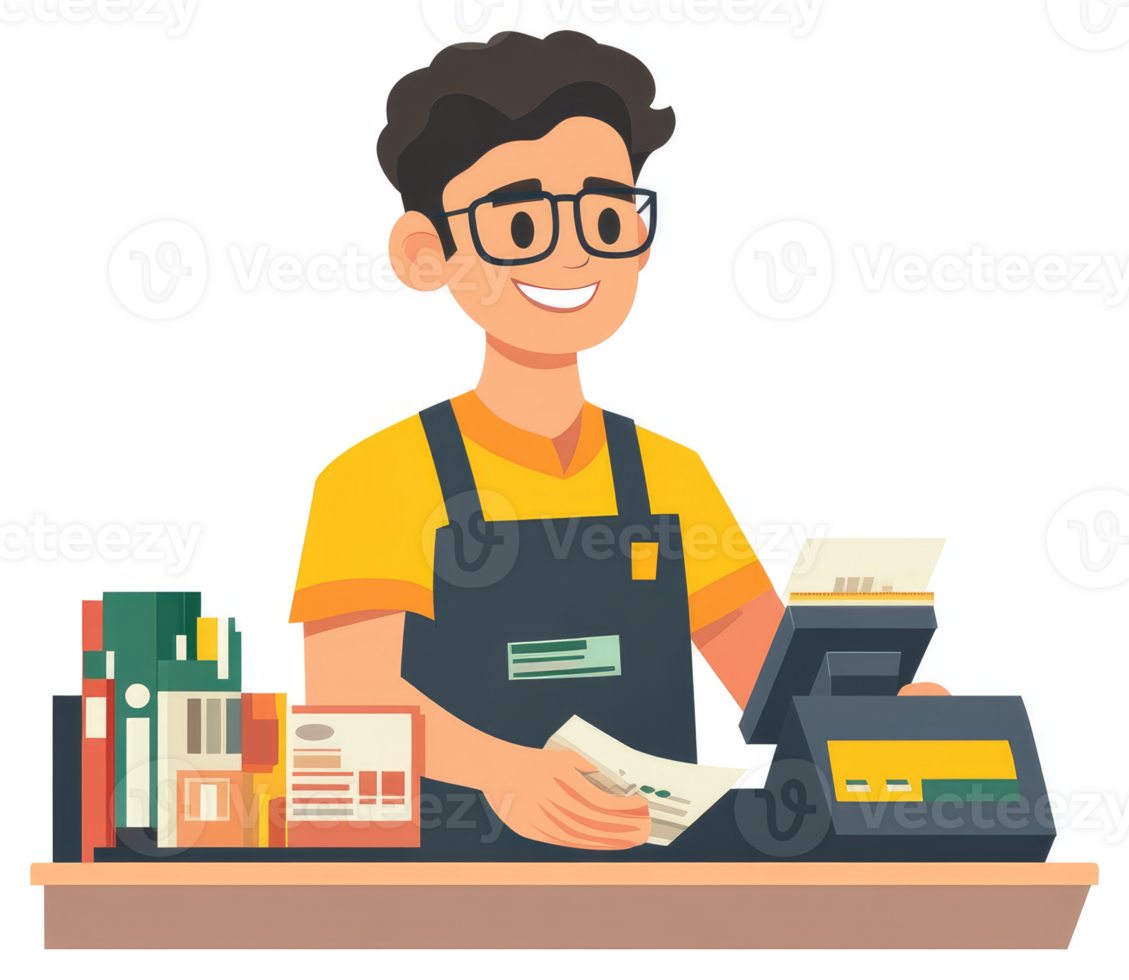 A friendly store employee handling a transaction at the checkout. png